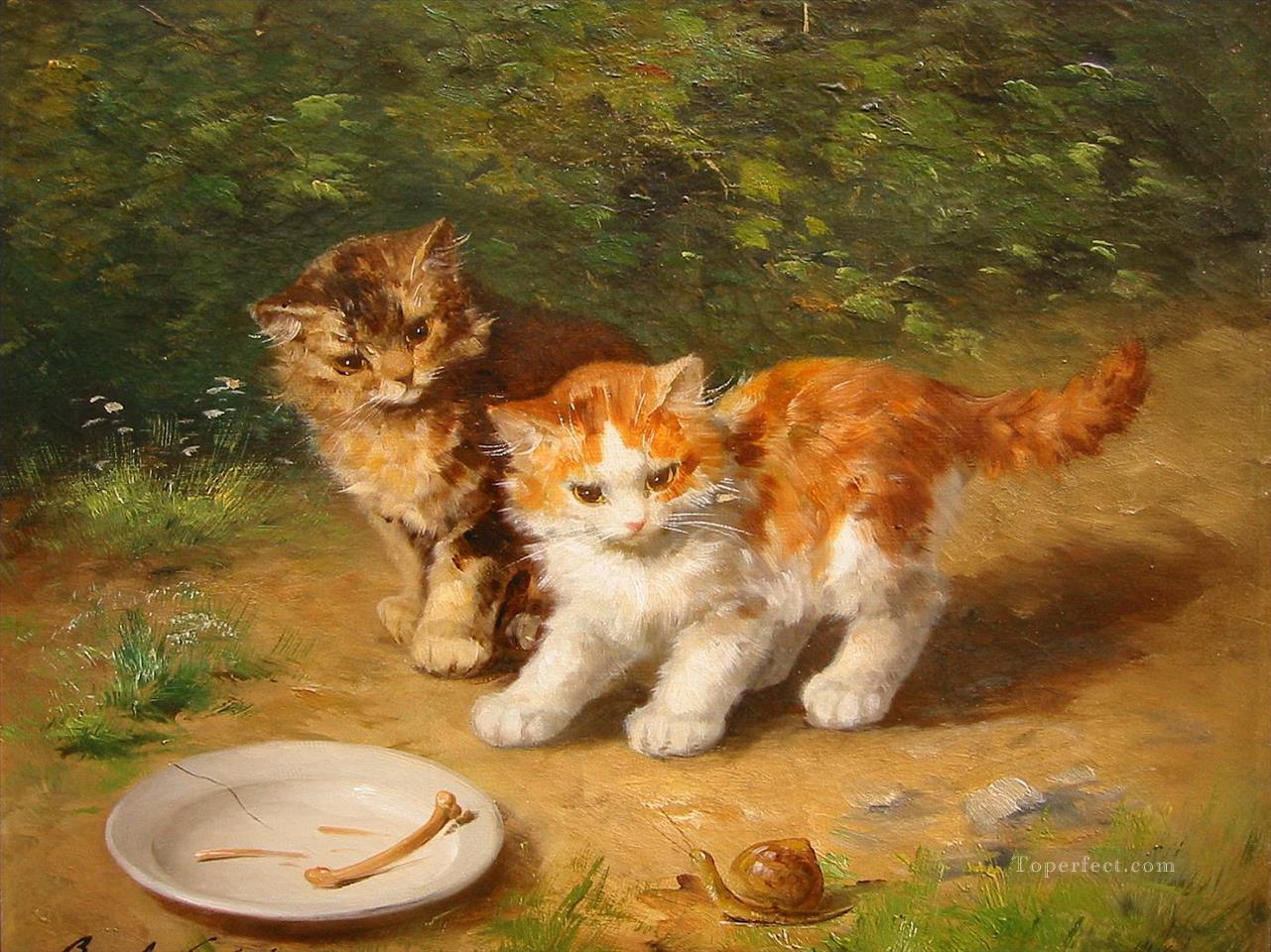 Gattini con lumaca Alfred Brunel de Neuville kitten Oil Paintings